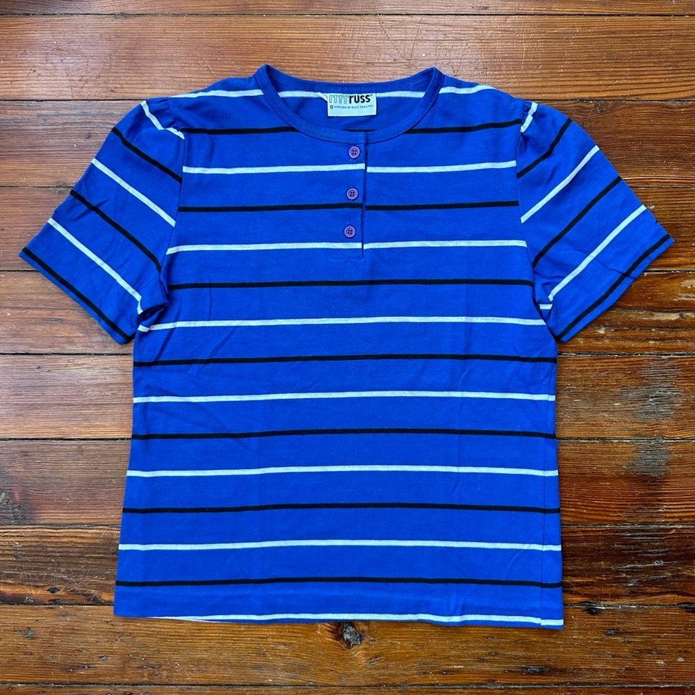Vintage late 60s/early 70s Russ button top striped short sleeve shirt Medium